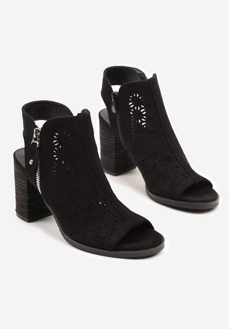 Czarne Sandały Botki Peep Toe na Obcasie z Ażurową Cholewką Julliane