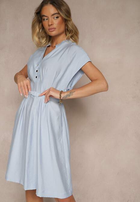 Niebieska Rozkloszowana Sukienka z Wiskozy z Paskiem Zapinana na Napy Seporine