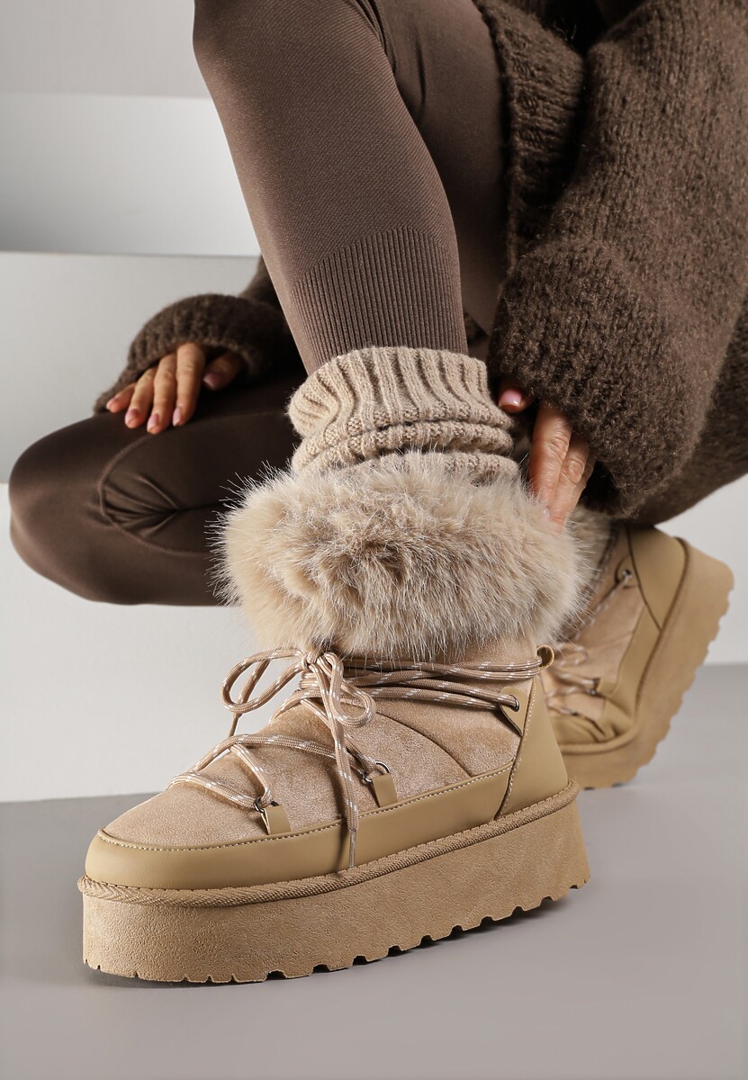 Czarne Śniegowce na Platformie Ozdobione Futerkiem Teswena