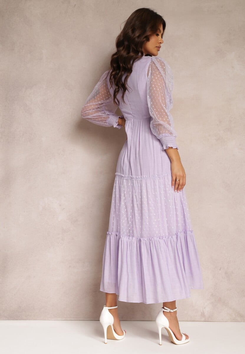 Fioletowa Sukienka z Bufiastym Rękawem Ozdobiona Tiulowymi Wstawkami Laluna