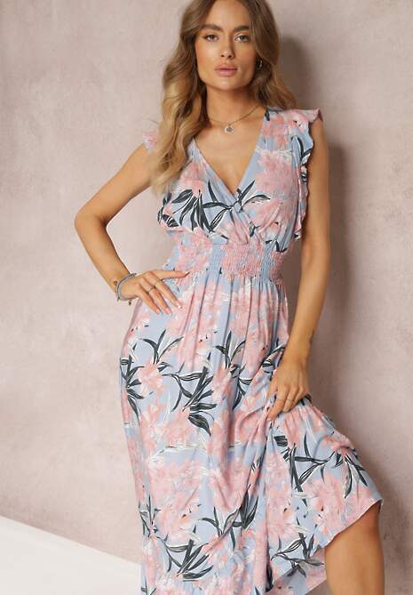 Niebieska Sukienka Maxi z Falbankami i Cienkimi Gumkami w Pasie Bexla