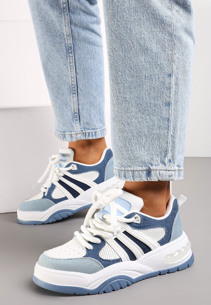 Niebieskie Sneakersy na Grubej Podeszwie z Brokatem Lenema