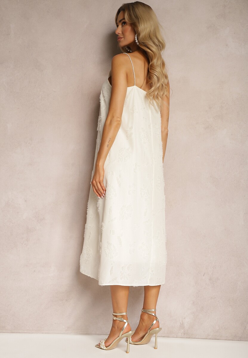 Beżowa Sukienka o Trapezowym Fasonie na Ramiączkach z Koralikami i Perełkami Dimza