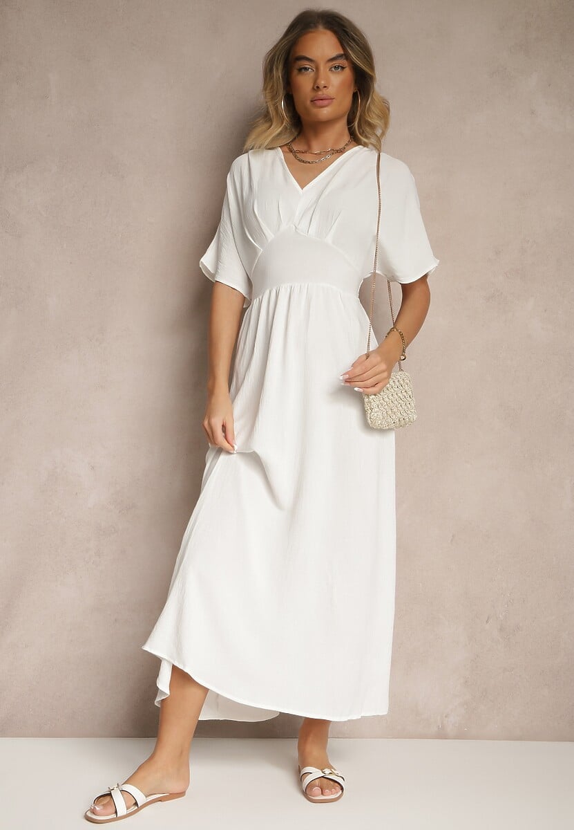 Biała Sukienka o Rozkloszowanym Kroju z Gumką w Talii Iffine