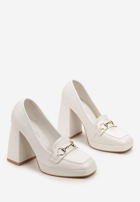 Białe Czółenka na Wysokim Słupku z Platformą i Metalową Klamerką Paliotte