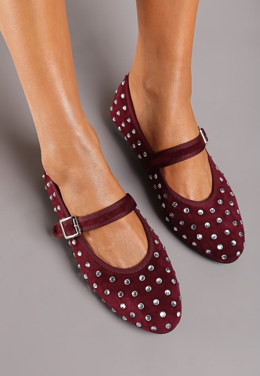 Bordowe Balerinki z Ekozamszu z Zapięciem na Klamerkę Ozdobione Cyrkoniami Daisanna