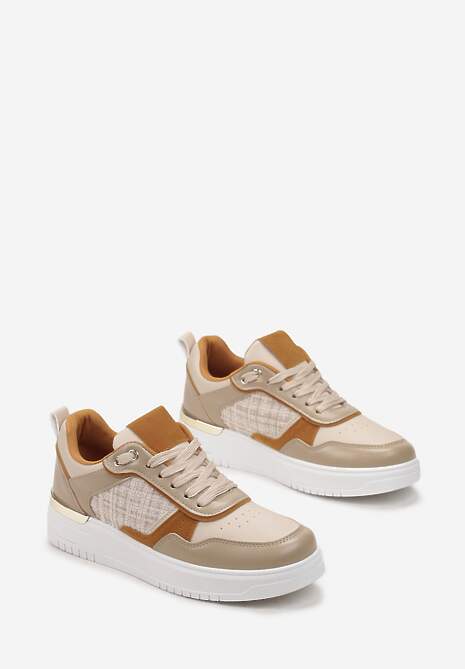 Beżowe Sneakersy Ozdobione Wstawką z Tweedowego Materiału Saini
