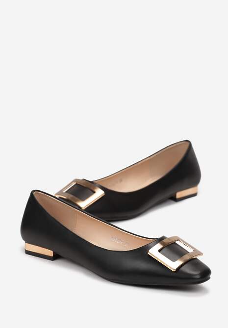 Czarne Balerinki z Metalową Ozdobą na Płaskim Obcasie Nibraca