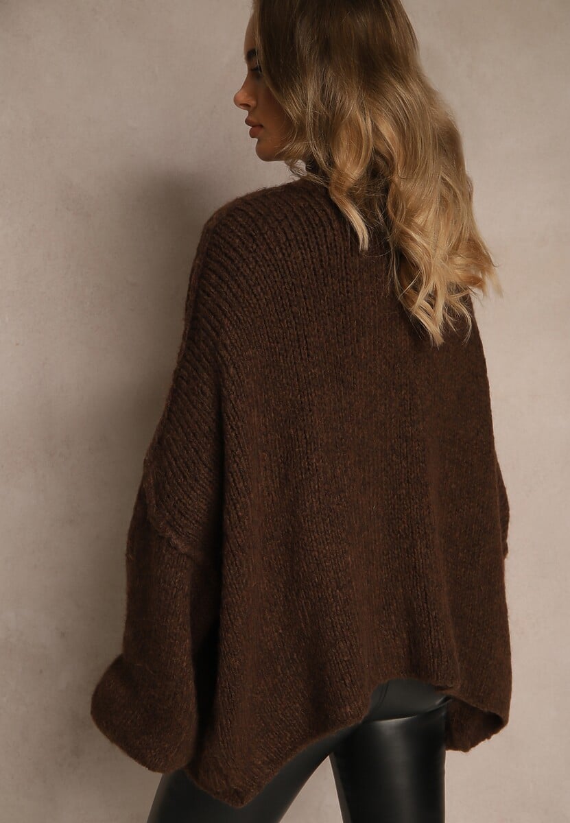 Brązowy Niezapinany Kardigan Nietoperzowy z Dodatkiem Wełny i Wiskozy Rallidia