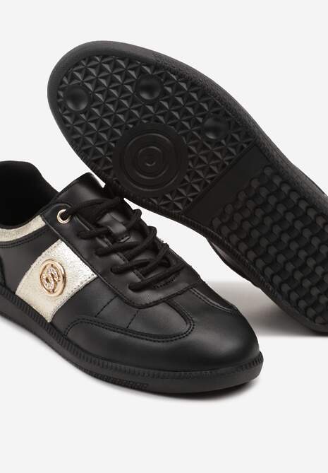 Czarno-Złote Sneakersy Skórzane Typu Kultowe Tenisówki z Metaliczną Aplikacją Ollisena