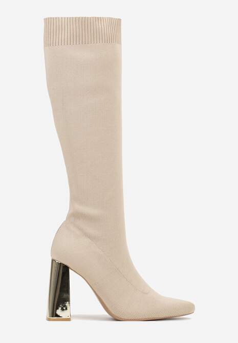 Ciemnobeżowe Skarpetkowe Kozaki Vices na Słupku z Metalicznym Połyskiem Tuvitte