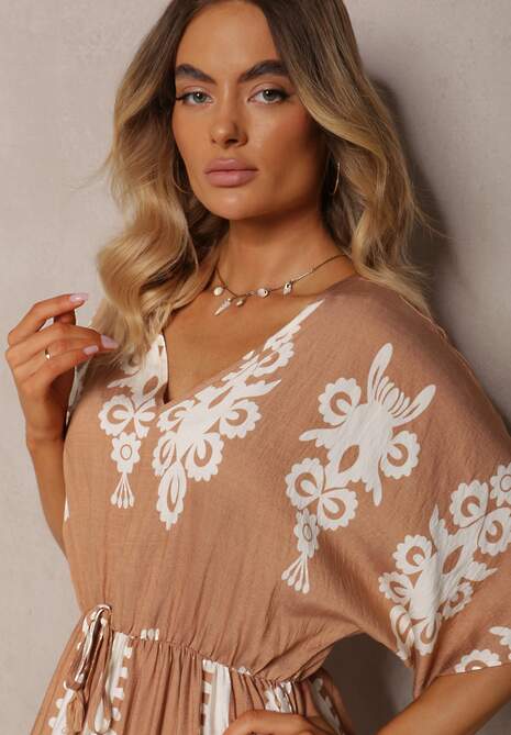 Brązowa Sukienka Taliowana z Bawełny z Gumką w Pasie Rivaq