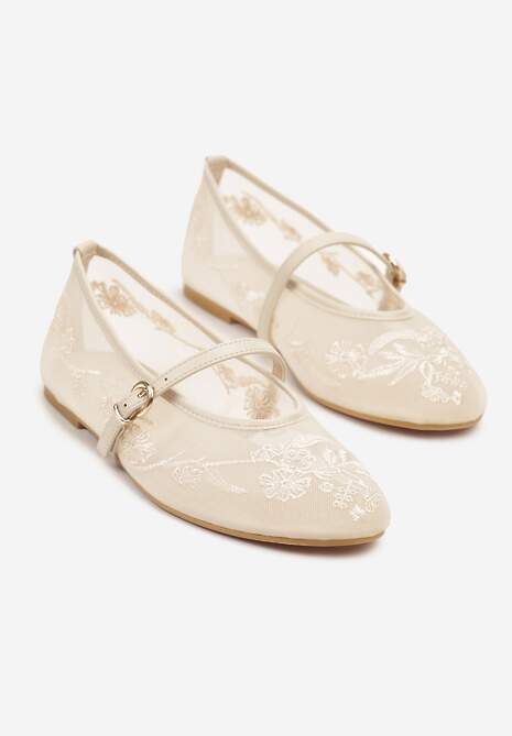 Beżowe Koronkowe Balerinki w Stylu Mary Jane z Haftowanej Siateczki Tilaverra