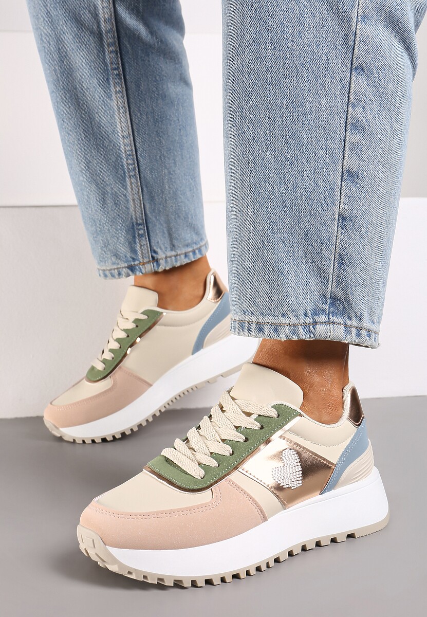 Beżowo-Różowe Sneakersy z Naszywką Serduszka i Piankową Platformą Timera
