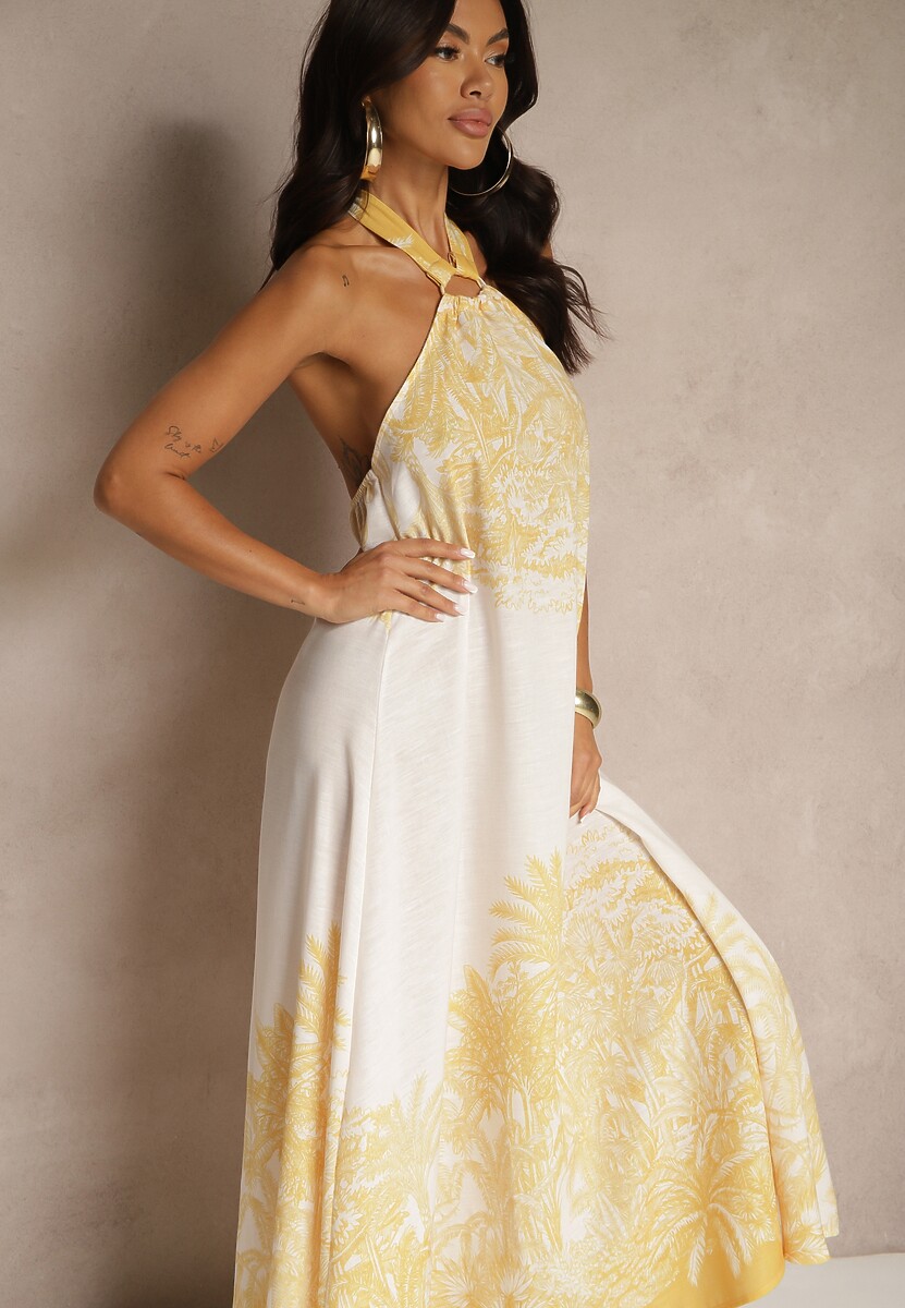 Żółta Sukienka z Wiskozą Ozdobiona Wiązaniem i Wzorem Palm Folenella