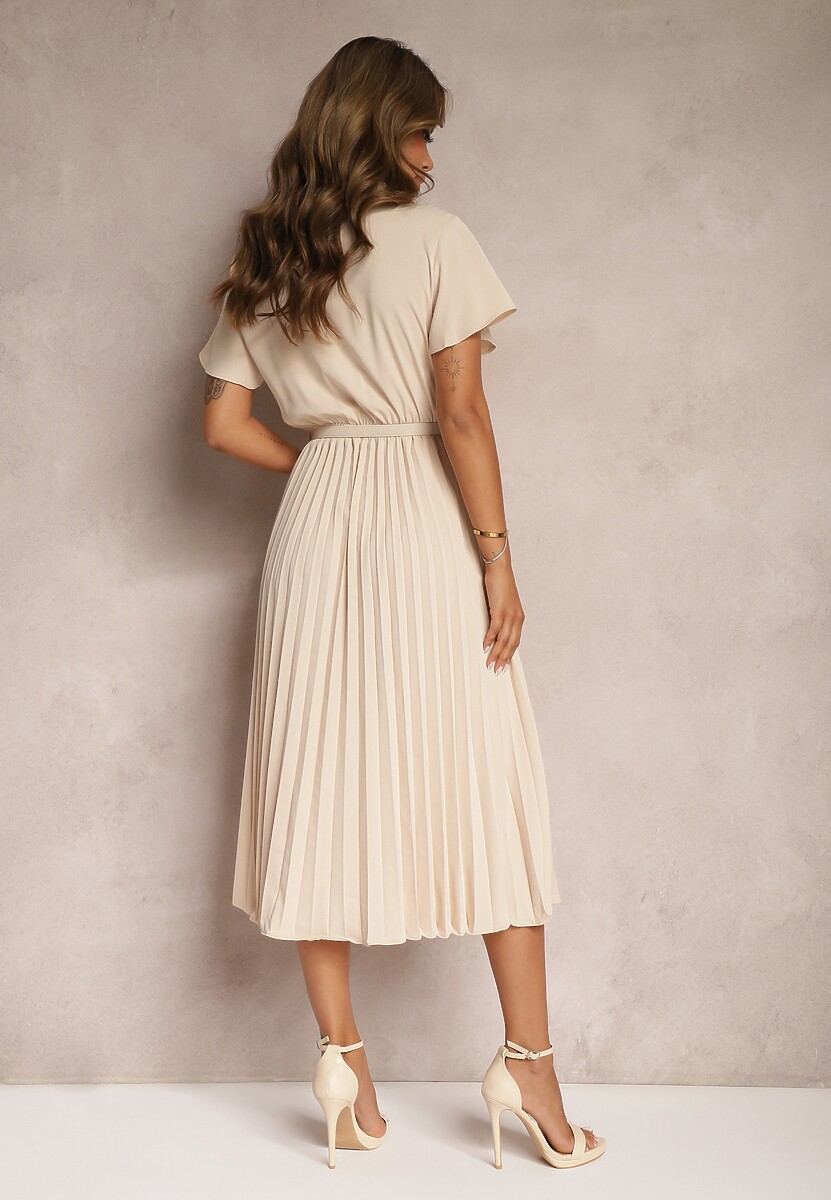 Beżowa Plisowana Rozkloszowana Sukienka z Paskiem Guzikami i Gumką w Talii Nelaika