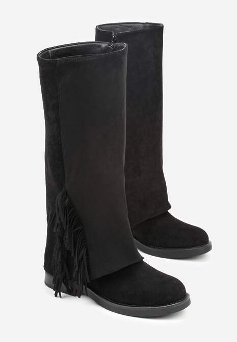 Czarne Kozaki Ozdobione Frędzlami i Wywiniętą Cholewką Reilevia