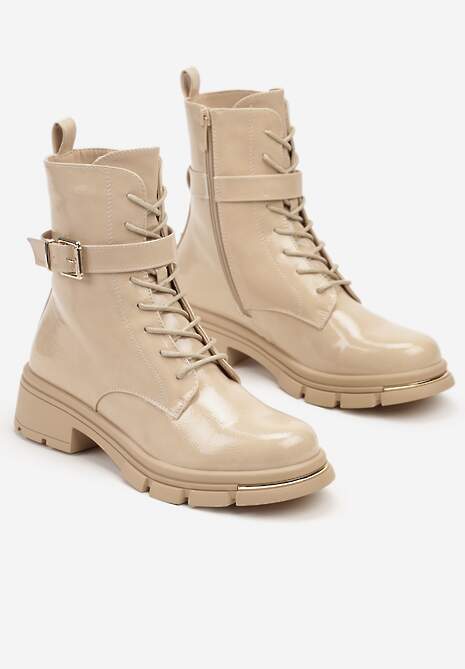 Beżowe Botki Workery na Słupku z Ozdobnym Paskiem i Klamrą Ansilia