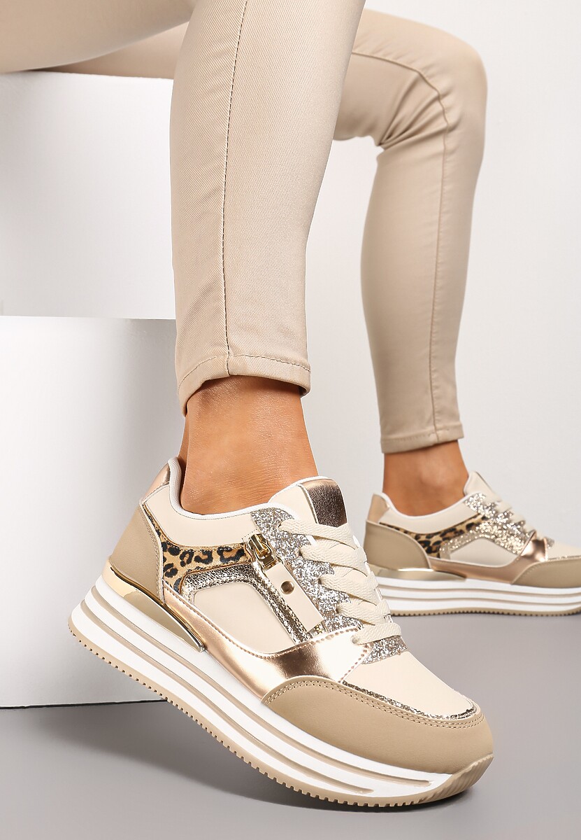 Ciemnobeżowe Brokatowe Sneakersy na Grubej Podeszwie ze Sznurowaniem i Suwakiem Irollia