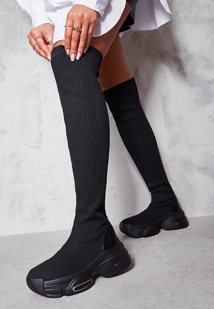 Czarne Kozaki z Elastyczną Prążkowaną Cholewką za Kolano Phoimia