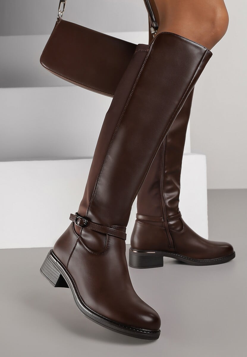 Brązowe Kozaki Typu Oficerki z Klamrą na Pasku Esillea