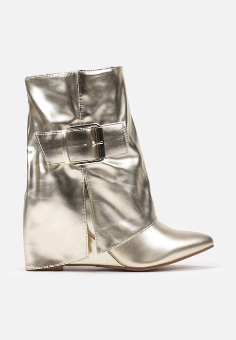 Złote Botki na Koturnie z Paskiem z Regulacją i Wywiniętą Cholewką Teritis