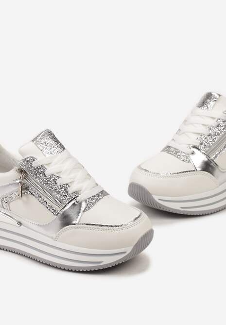 Srebrne Sneakersy z Metalicznymi Wstawkami i Brokatem na Grubej Podeszwie Anova