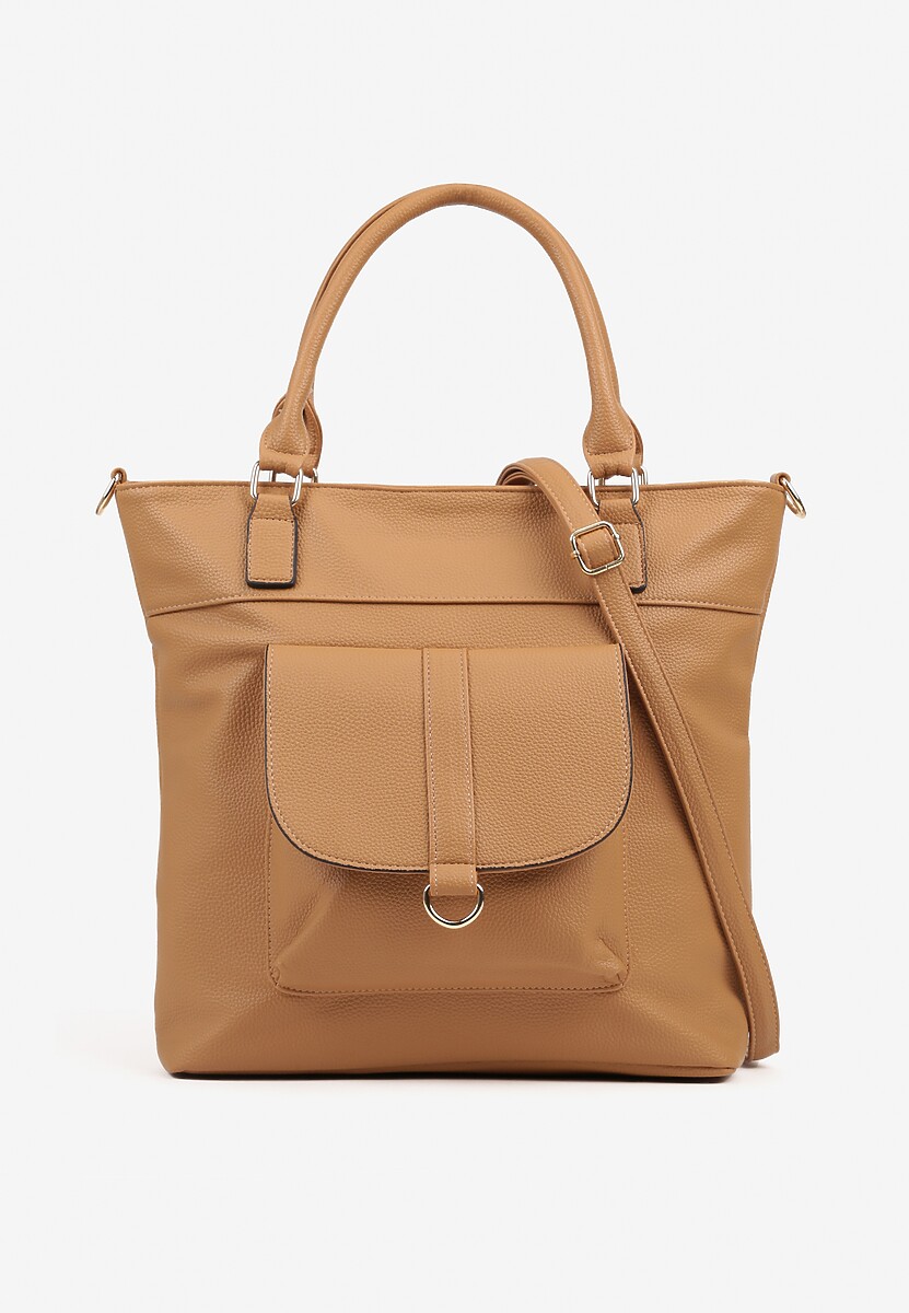 Ciemnobeżowa Torebka Typu Shopper z Ozdobną Kieszenią i Paskiem Crossbody Frocelle