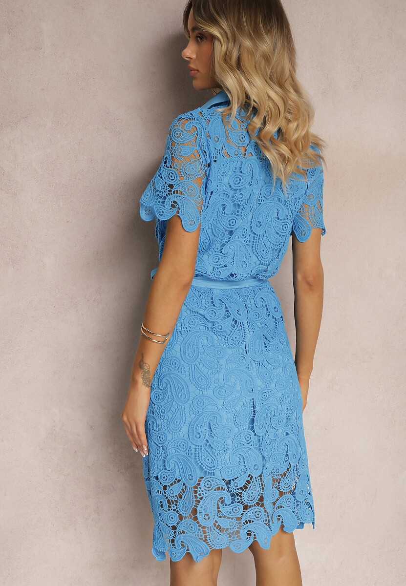 Niebieska   Koronkowa Sukienka Koszulowa Midi z Paskiem Azariela