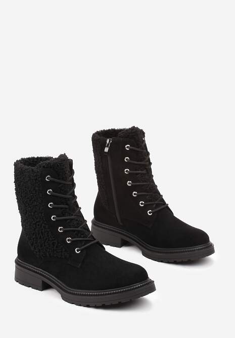 Czarne Botki Workery z Ozdobnym Futerkiem Sinuas