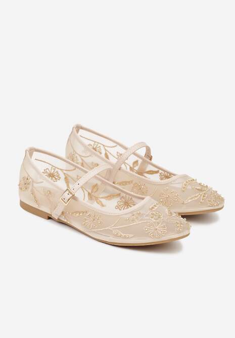 Beżowe Balerinki Siateczkowe z Haftami i Sprzączką Diviaria