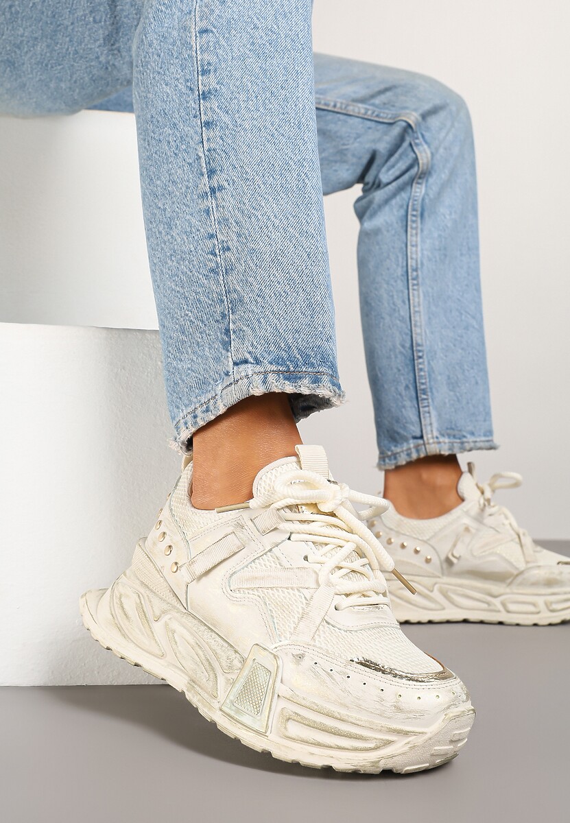 Beżowe Sneakersy na Tłoczonej Platformie z Metalicznymi Wstawkami Eradira