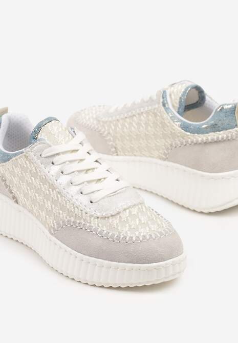 Jasnoszare Sneakersy ze Skóry Naturalnej z Tweedową Wstawką Varelna