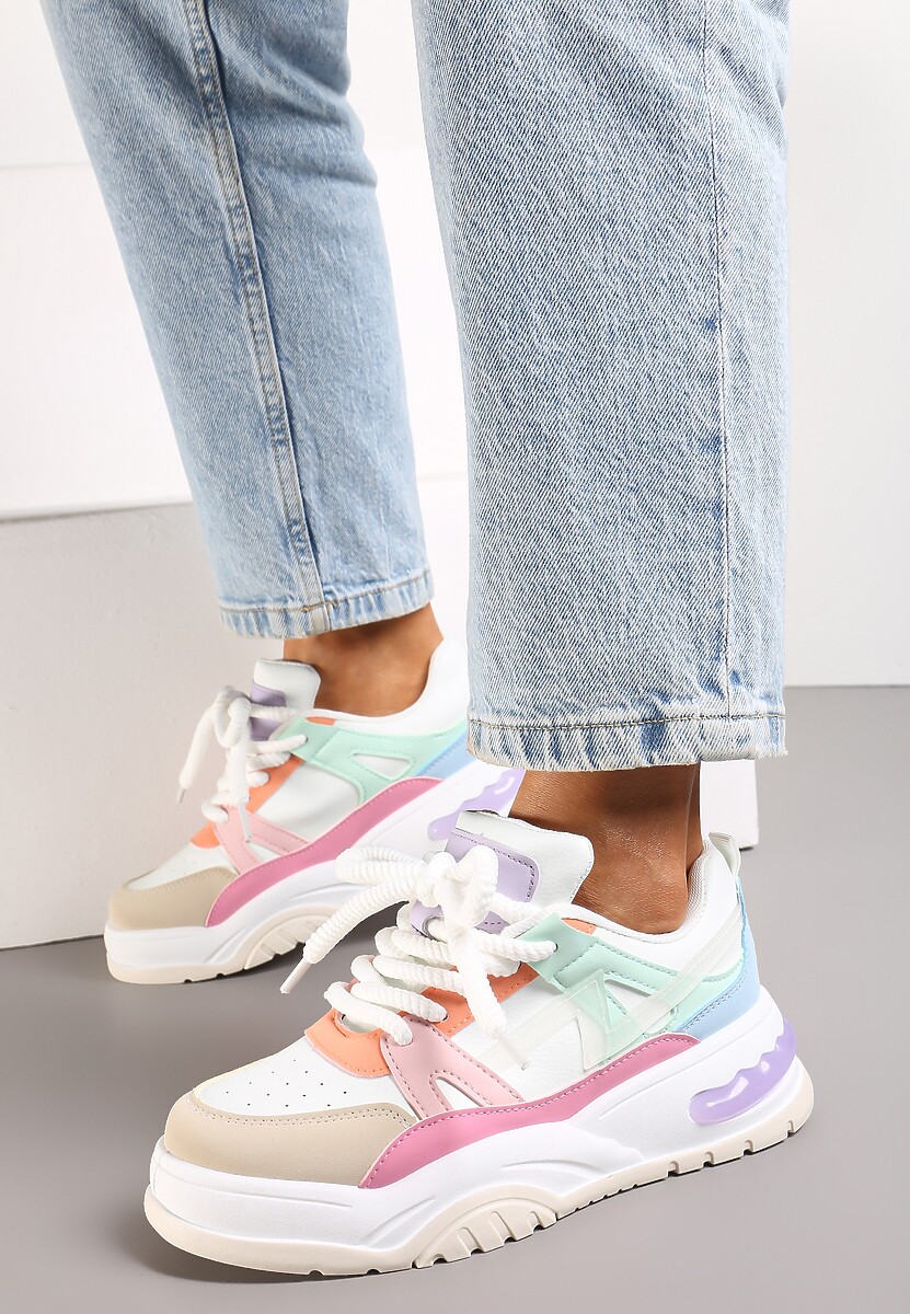 Biało-Różowe Sneakersy na Grubej Podeszwie z Szerokim Wiązaniem Iniestra