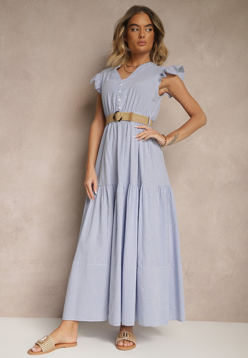 Niebieska Rozkloszowana Sukienka z Bawełny w Stylu Boho z Paskiem z Klamrą Iffarisa