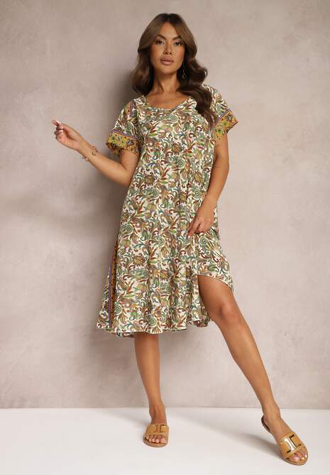 Jasnobeżowa Rozkloszowana Sukienka z Wiskozy w Kwiaty Rivanira