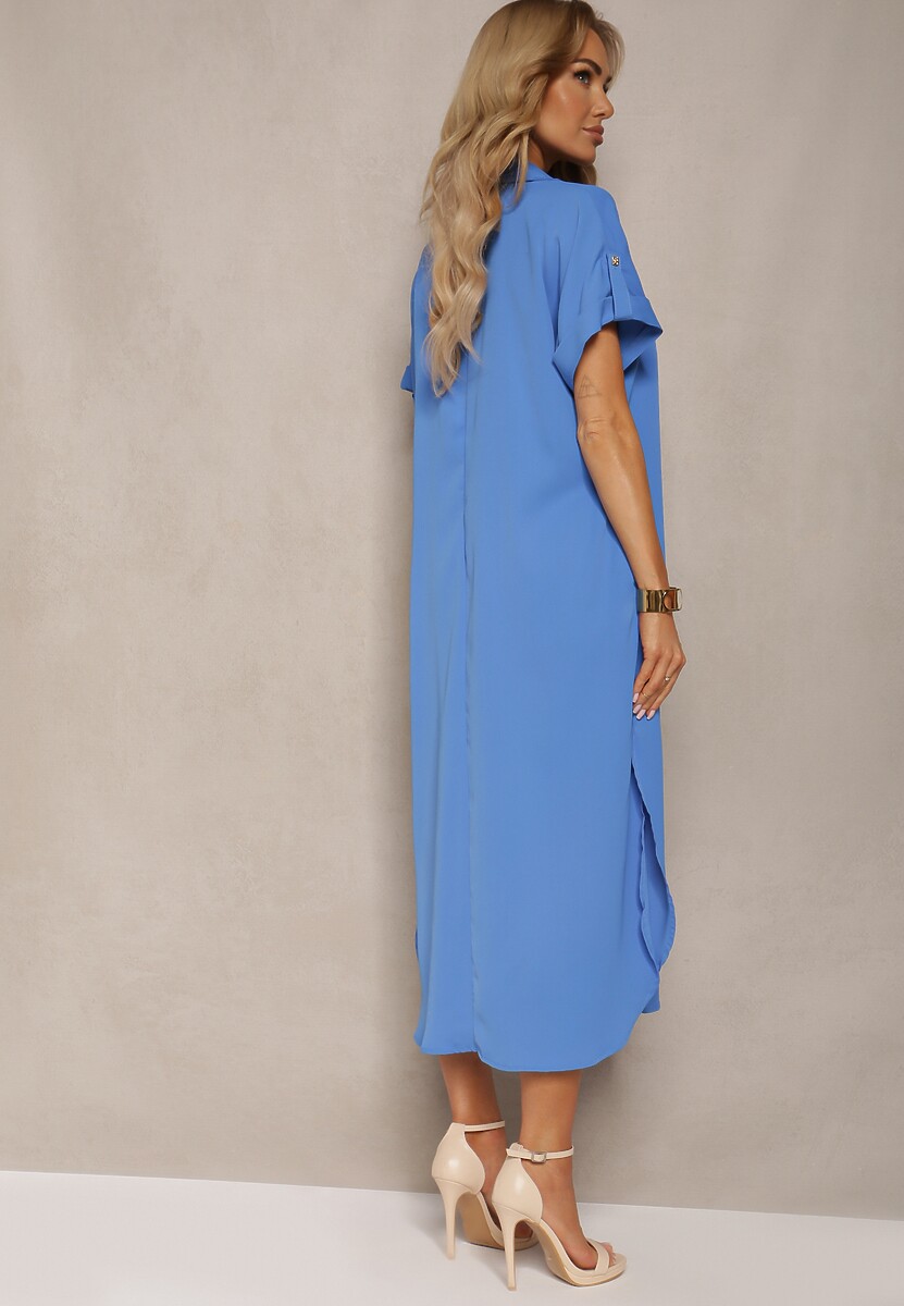 Niebieska Koszulowa Sukienka z Podwijanymi Rękawami Zapinana na Guziki Moarielle