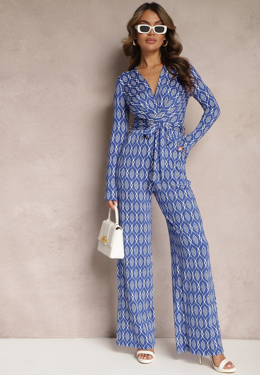 Granatowy Taliowany Kombinezon z Szerokimi Nogawkami i Wiązanym Paskiem Acaelia