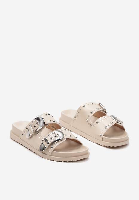 Beżowe Klapki z Ekoskóry Ozdobione Nitami z Regulowanymi Paskami i Sprzączką Nleina