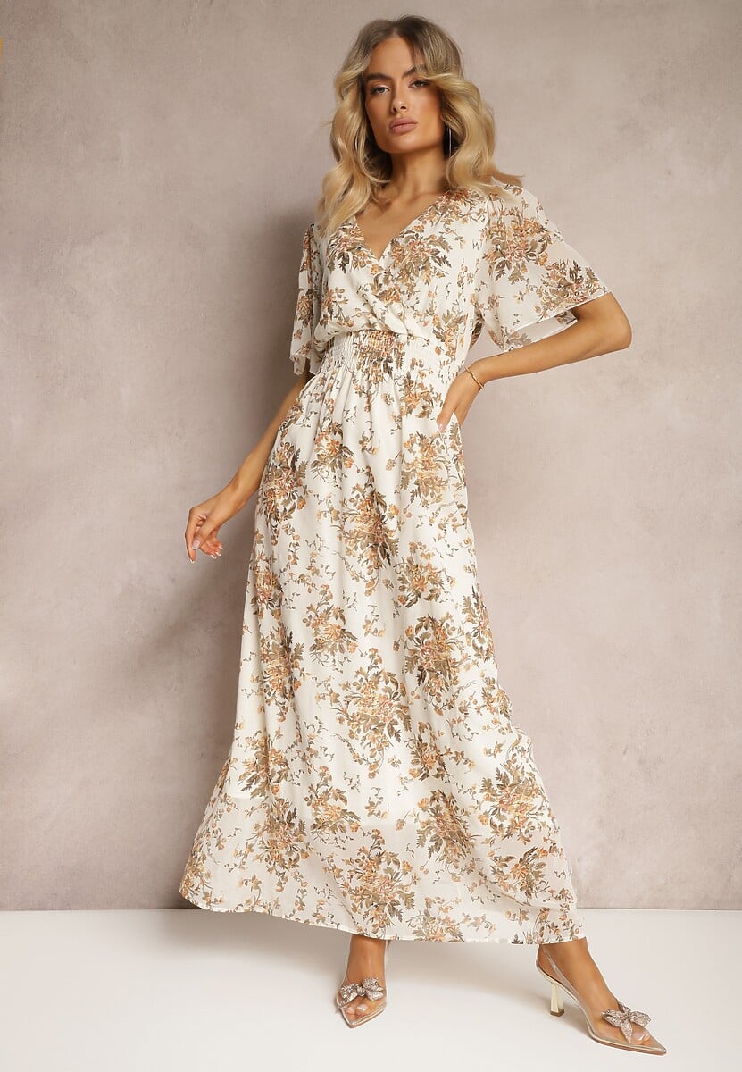 Beżowa Sukienka Kopertowa z Krótkim Rękawem Wiązana z Tyłu z Gumką w Talii Cristola