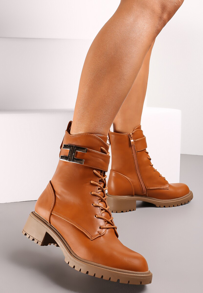 Brązowe Botki za Kostkę z Sznurowaniem Kabiva