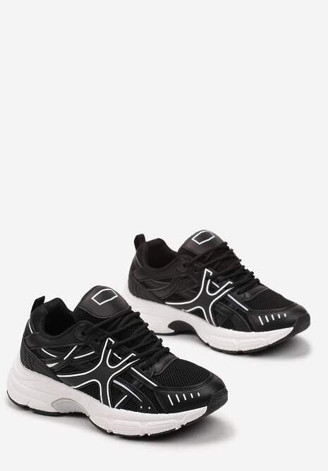 Czarne Sneakersy na Grubej Podeszwie z Wstawkami Debuga