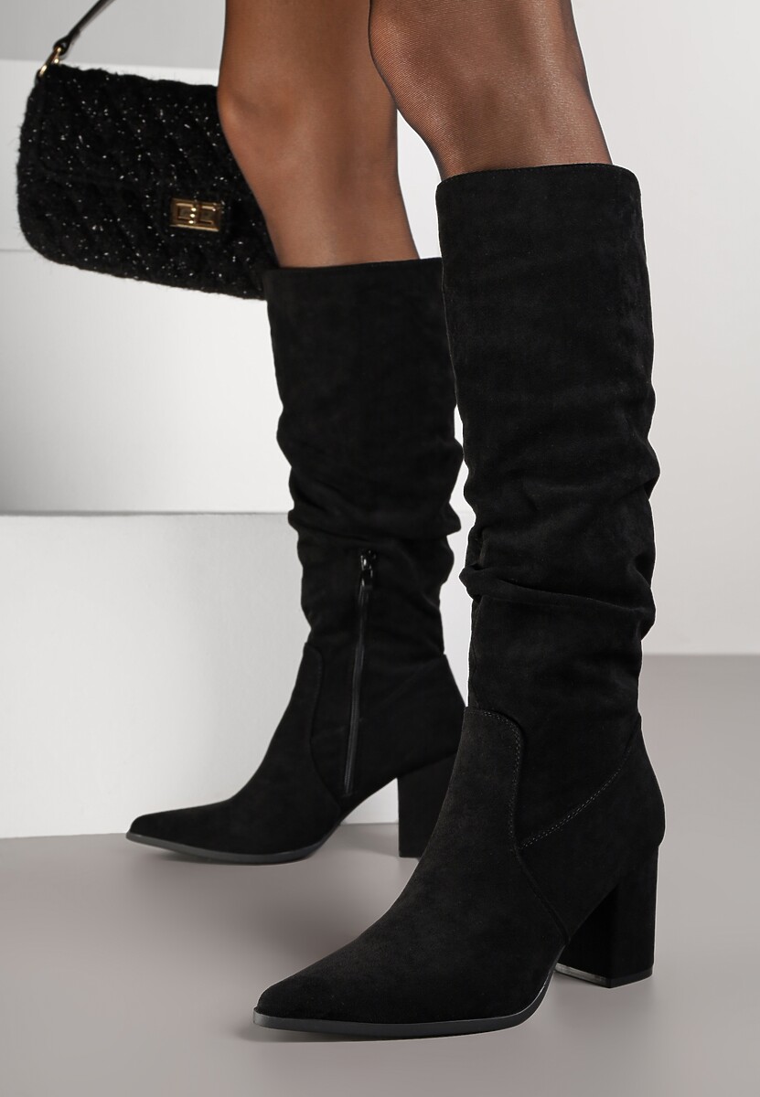 Ciemnobeżowe Kozaki na Słupku z Marszczoną Cholewką z Imitacji Zamszu Razialla