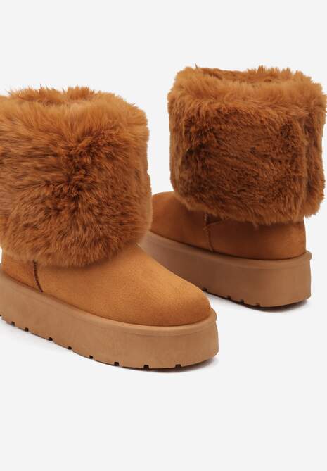Brązowe Śniegowce na Grubej Podeszwie Ozdobione Futerkiem Naolani