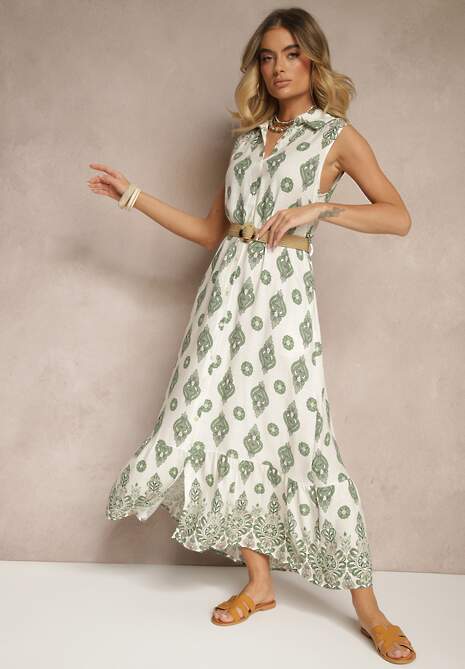 Zielona Koszulowa Sukienka z Wiskozy Ozdobiona Paskiem z Klamrą Eranelis