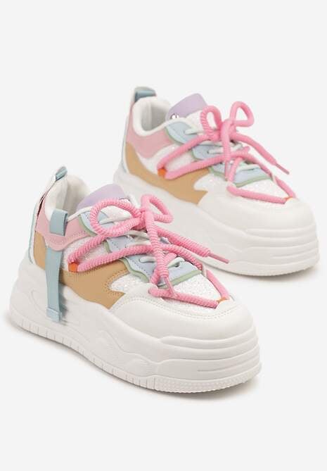 Biało-Różowe Sneakersy w Streetwearowym Stylu na Tłoczonej Platformie z Brokatem Mailienne