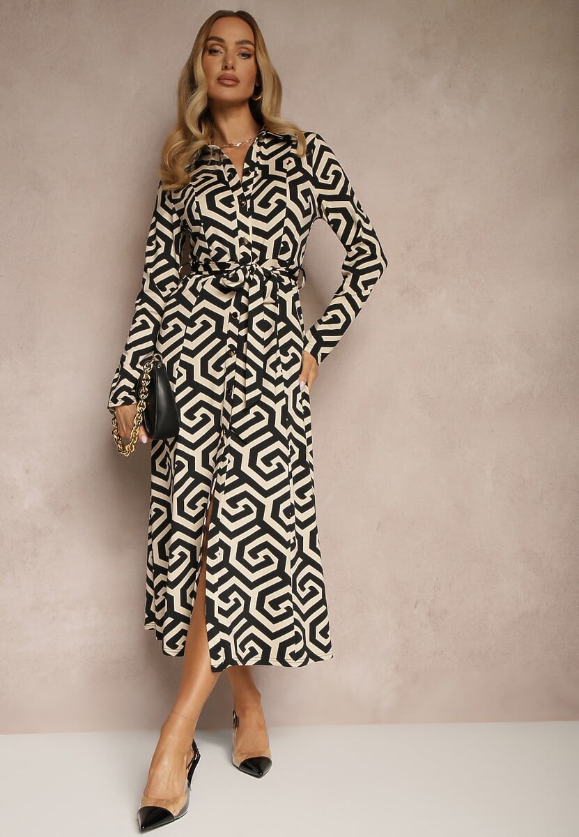 Czarna Sukienka Koszulowa z Wiskozą w Geometryczny Wzór z Paskiem Erisviria