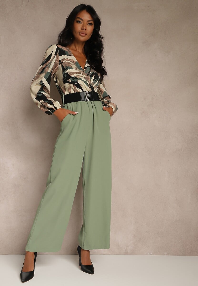Zielono-Beżowy Kopertowy Kombinezon z Paskiem i Szerokimi Spodniami Nittama