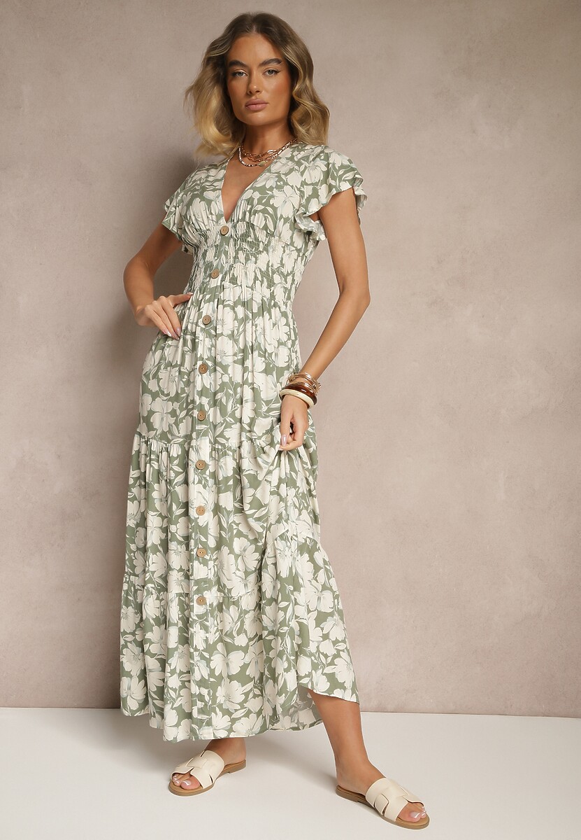 Ciemnozielona Kwiatowa Sukienka z Wiskozy Ozdobiona Guzikami Delisane