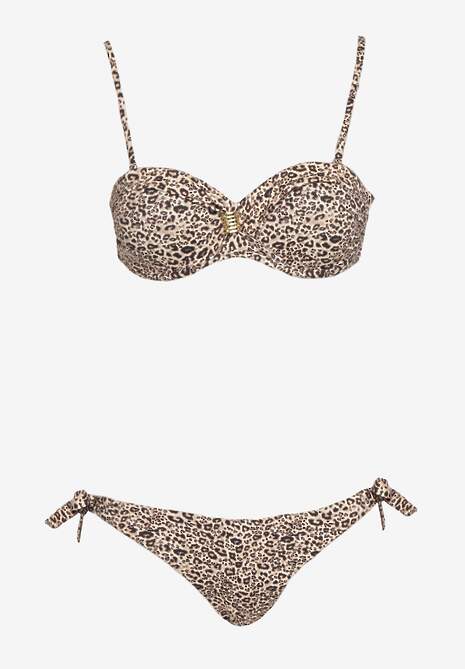 Ciemnobeżowe Bikini Usztywniany Biustonosz z Ozdobą i Majtki Typu Figi ze Sznurkami po Bokach Aromarie